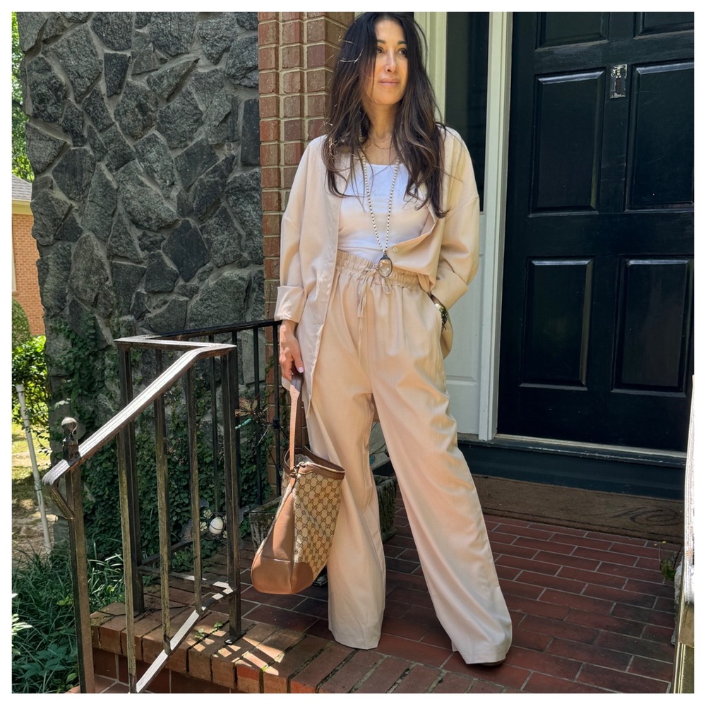 44 Chic Button Down Blouse and Wide Leg Pant Set